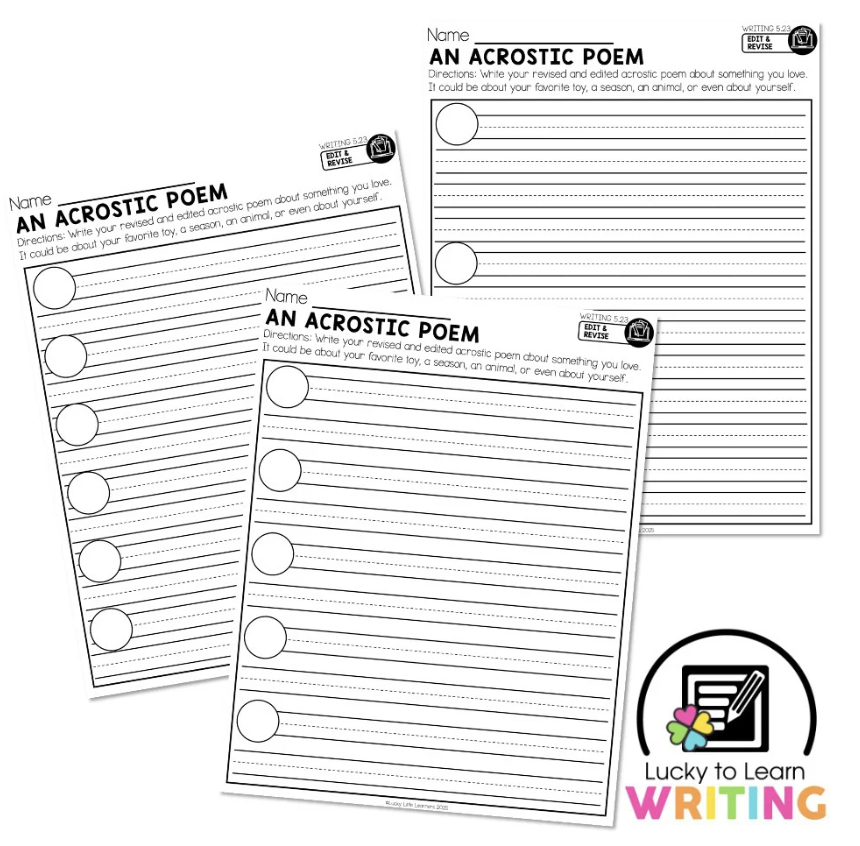 Revised acrostic poem worksheet for 2nd grade students, providing spaces to write a new or edited acrostic poem with a focus on a favorite topic or subject.